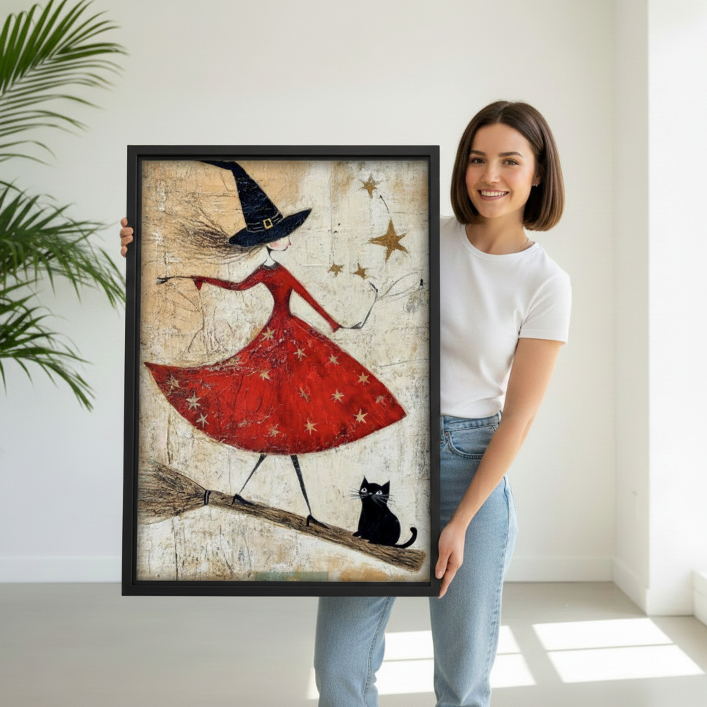 Woman holding large folk art witch red dress broomstick black cat framed canvas print, whimsical Halloween wall art size reference