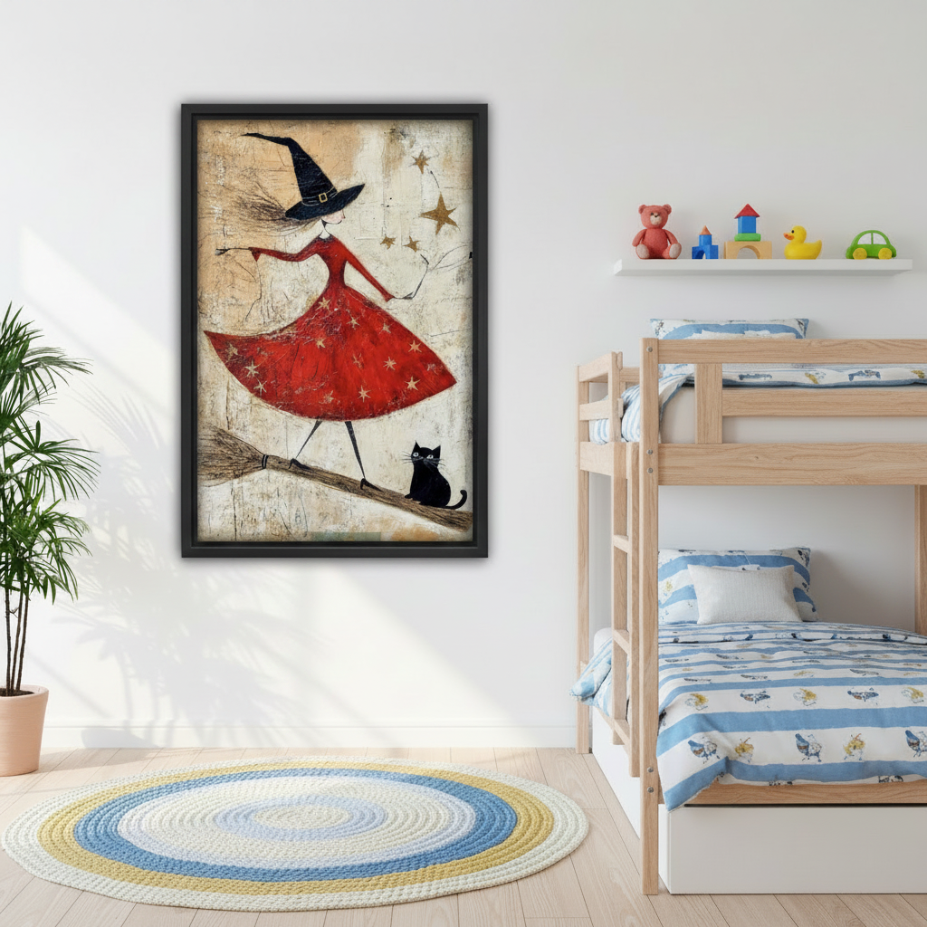 Whimsical folk art witch red dress broomstick black cat framed wall art beside kids bunk bed, fun Halloween fantasy print for children's bedroom
