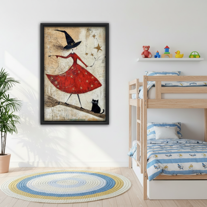 Whimsical folk art witch red dress broomstick black cat framed wall art beside kids bunk bed, fun Halloween fantasy print for children's bedroom

