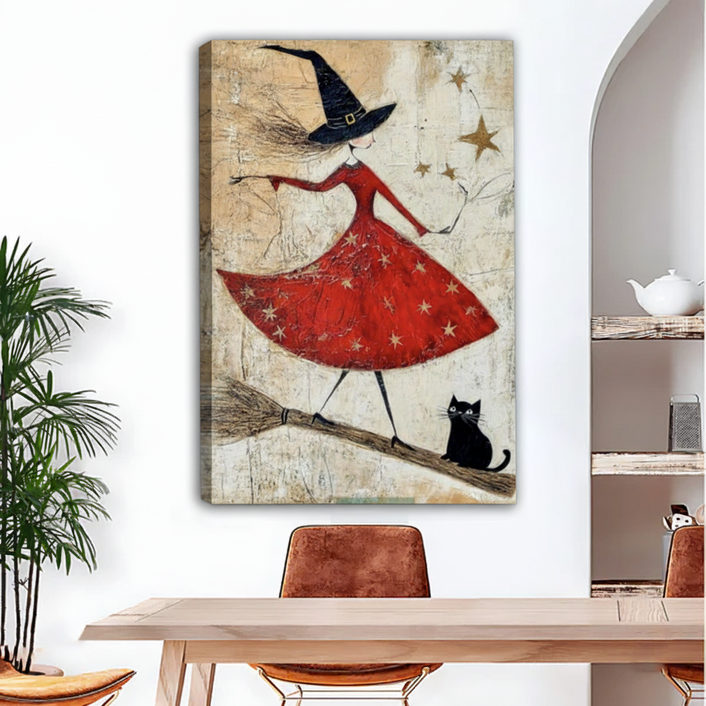 Frameless canvas wrap of folk art witch in red star dress on broomstick with black cat, whimsical Halloween wall art for modern dining room