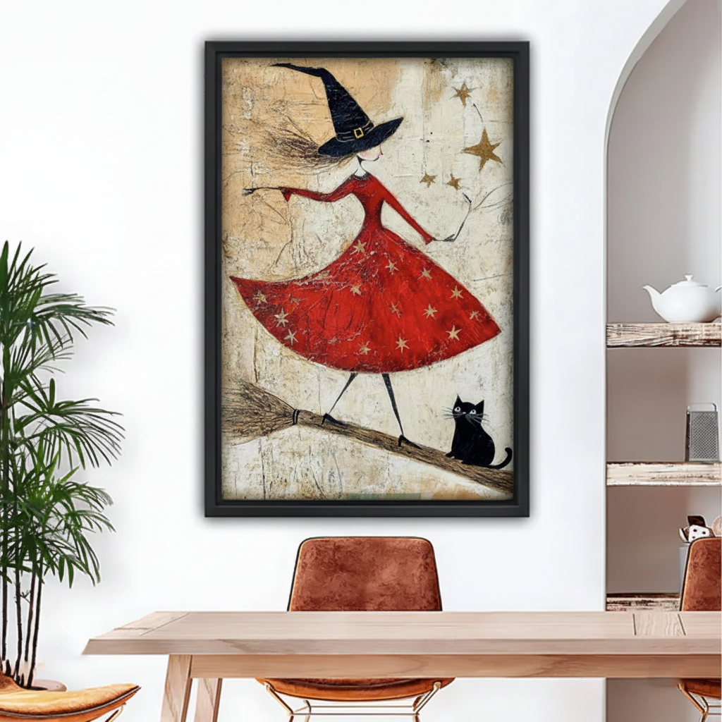  Folk art witch in red dress riding broomstick with black cat and gold stars framed wall art above wooden dining table, whimsical Halloween canvas for dining room