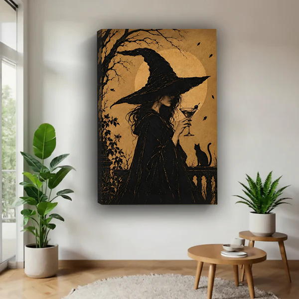 Woman holding a large framed golden moon witch silhouette canvas wall art to show its size