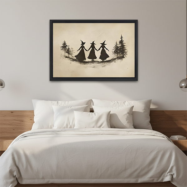 Unframed witch trio canvas wall art displayed above a wooden console with soft neutral decor.