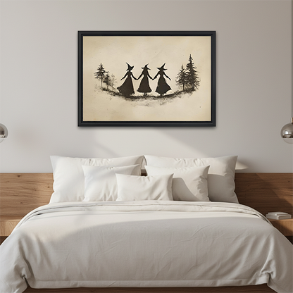 Unframed witch trio canvas wall art displayed above a wooden console with soft neutral decor.