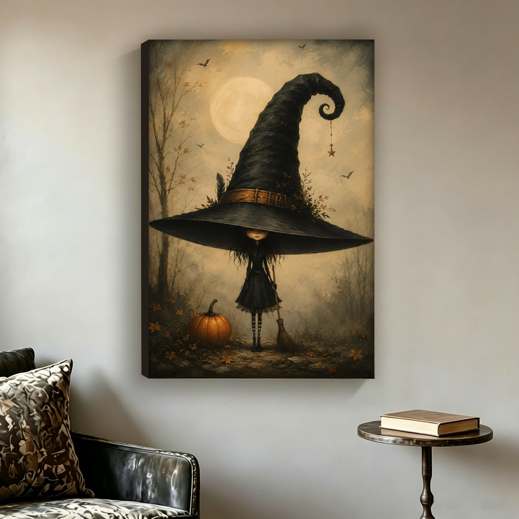 Unframed witch wall art with a pumpkin displayed as spooky Halloween room decor