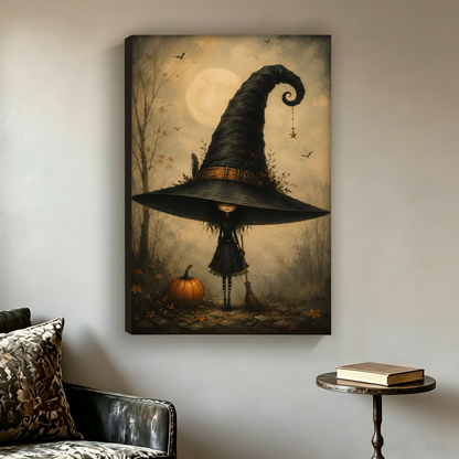 Unframed witch wall art with a pumpkin displayed as spooky Halloween room decor