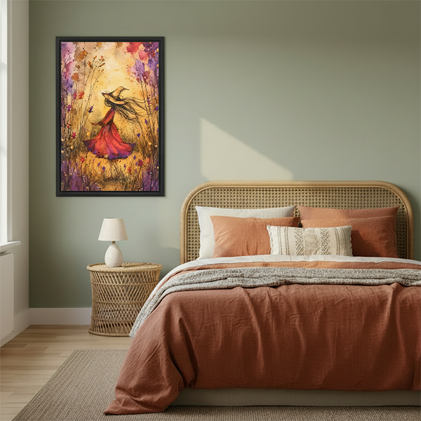 Framed witch in wildflowers canvas wall art hangs beside a bed with a woven headboard.
