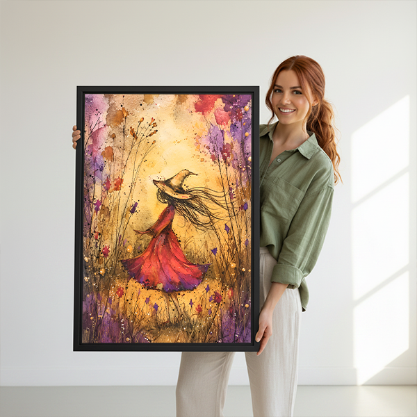 Woman holding framed witch in wildflowers canvas wall art featuring a flowing dress and windswept hair.