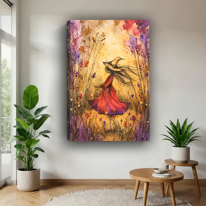 Framed witch in wildflowers canvas wall art with a coral dress and golden floral background between plants.
