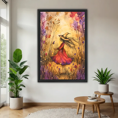 Whimsical witch in wildflowers canvas wall art displayed without a front frame between indoor plants.
