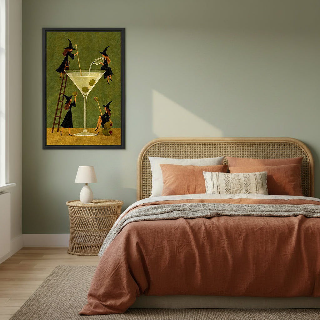 Framed witches martini canvas wall art in a sage green bedroom