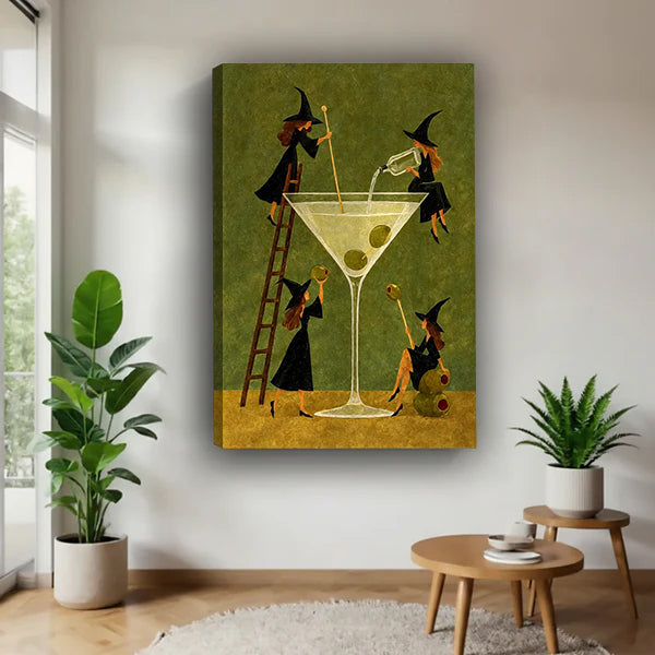 Gallery-wrap witches martini canvas wall art in a bright plant-filled corner