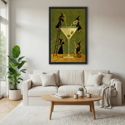 Whimsical witches martini canvas wall art above a cream living room sofa