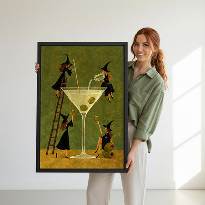 Model holding witches martini canvas wall art for size reference