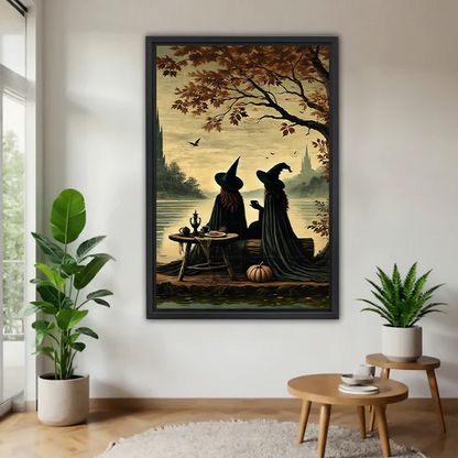 Gothic witches tea party canvas wall art without an outer frame, displayed between houseplants beside wooden tables.