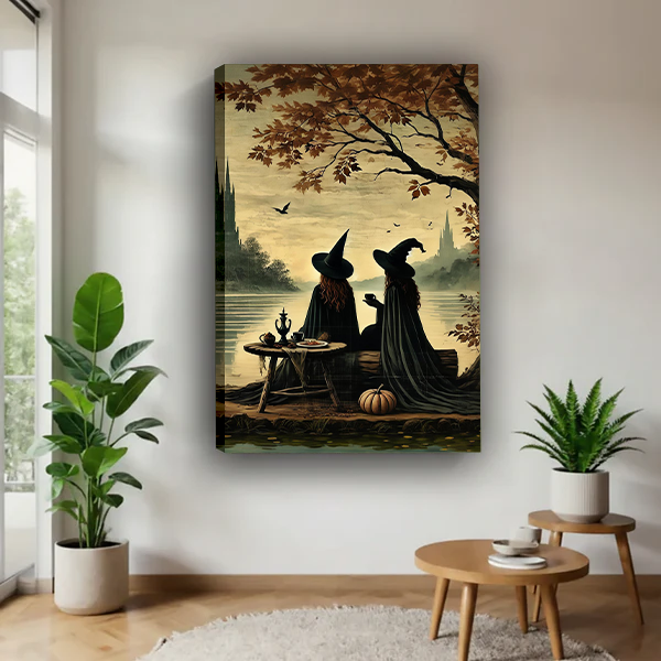 Woman holding framed witches tea party canvas wall art featuring two witches beside a lake beneath autumn branches.