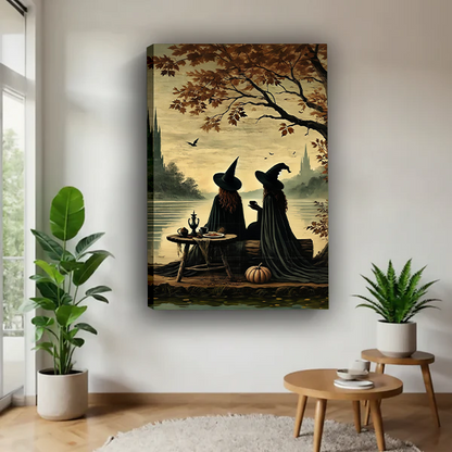 Woman holding framed witches tea party canvas wall art featuring two witches beside a lake beneath autumn branches.