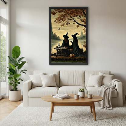 Framed witches tea party canvas wall art on a sage bedroom wall beside a rattan bed with terracotta bedding.
