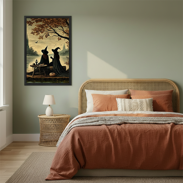 Gothic witches tea party canvas wall art in a black frame above a cream sofa in a bright living room.