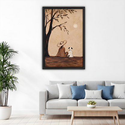 Framed rustic woman and dog canvas wall art in a children's bedroom with wooden bunk bed and round rug