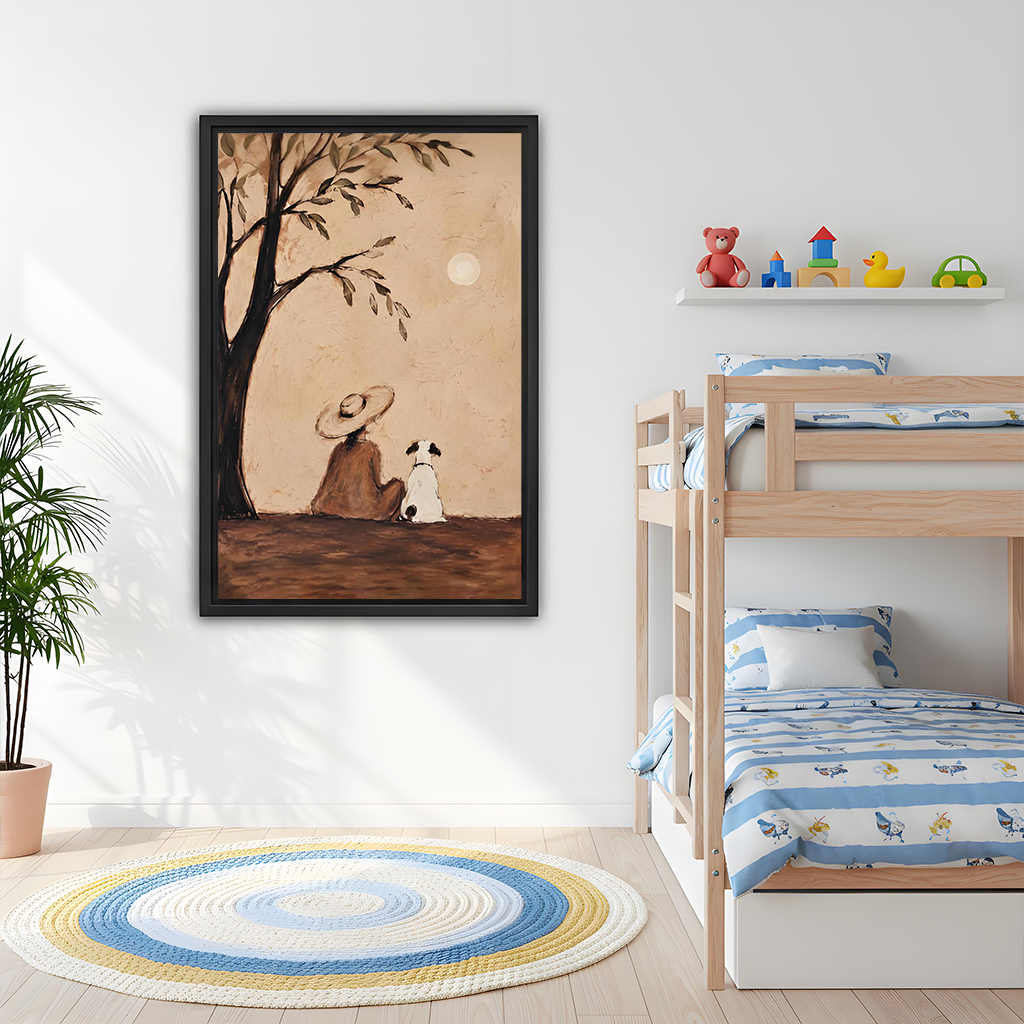 Gallery-wrap woman and dog under tree canvas wall art with no frame on a white dining room wall