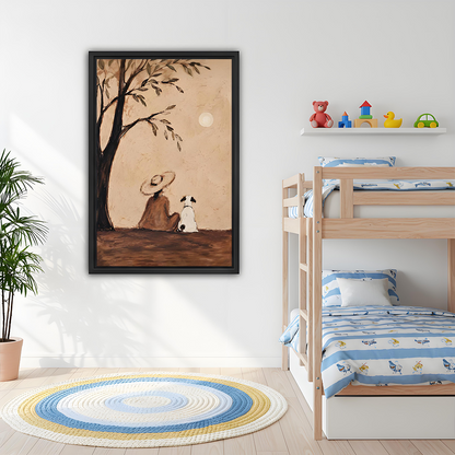 Gallery-wrap woman and dog under tree canvas wall art with no frame on a white dining room wall