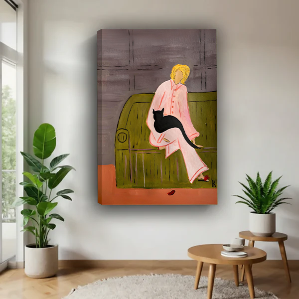 Gallery-wrap woman with black cat canvas wall art showing a pink-clad figure on an olive sofa beside potted plants.