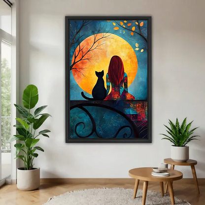 Woman holding framed woman and black cat moon canvas wall art with a golden moon and teal background.