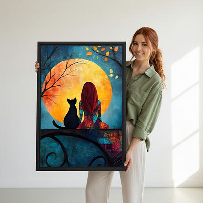 Gallery-wrap woman and black cat moon canvas wall art with autumn leaves displayed between green houseplants.