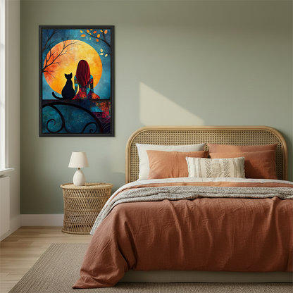 Black-framed woman and black cat moon canvas wall art featuring a patchwork dress, displayed above wooden tables.