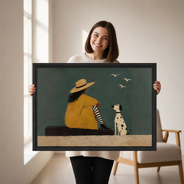 Framed woman and dog canvas wall art held by a smiling woman in a bright room.