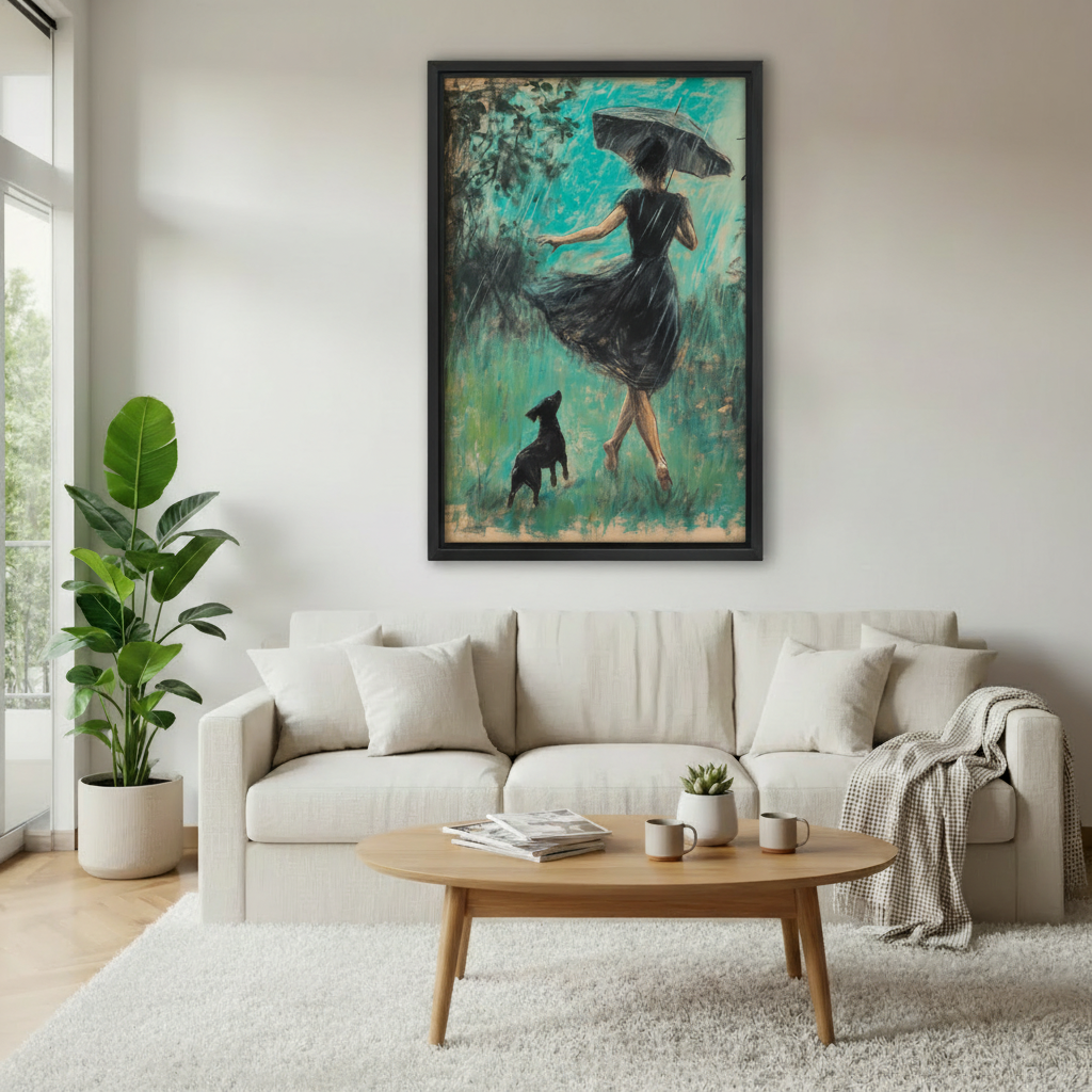 Framed teal wall art print of woman dancing in rain with black dog, displayed above white sofa in modern living room