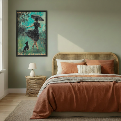 Framed canvas art of elegant woman with umbrella and black dog in rain, hung on sage green bedroom wall above rattan bed