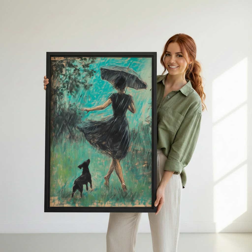 Woman holding large framed art print of dancing girl with umbrella and black dog in teal rain scene, showing print size reference