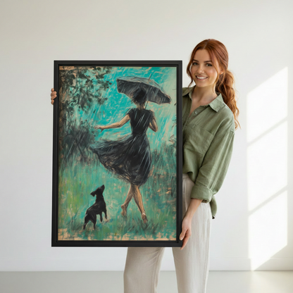 Woman holding large framed art print of dancing girl with umbrella and black dog in teal rain scene, showing print size reference
