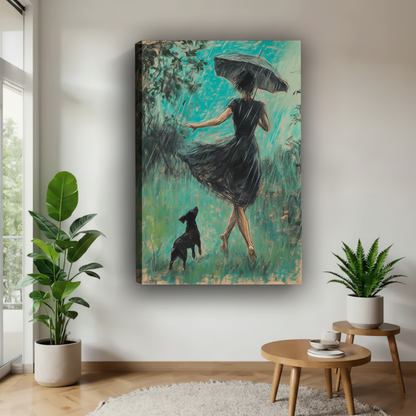 Gallery wrap canvas print of woman dancing in rain with black dog, showing thick canvas edges, displayed in bright Scandinavian hallway