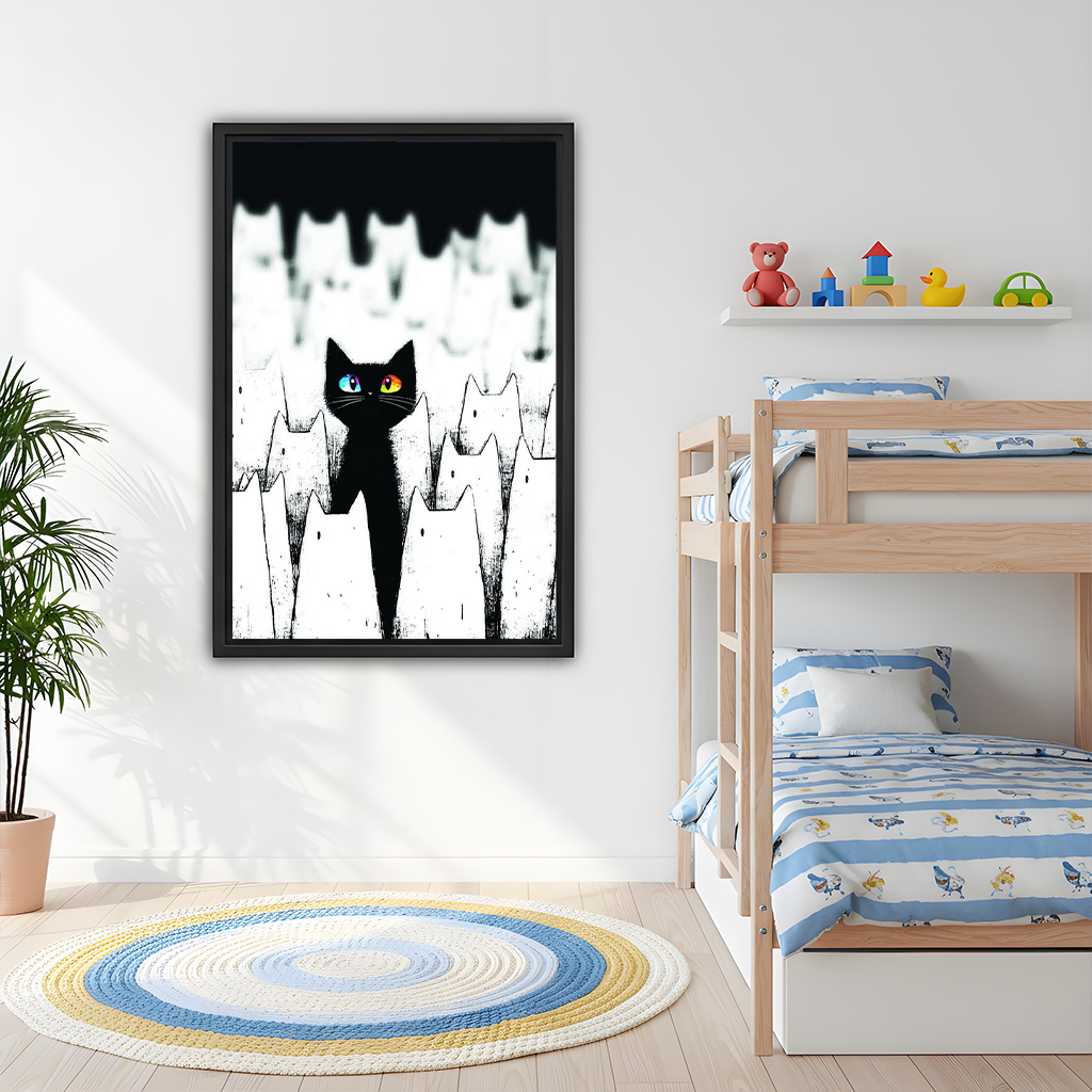 Woman holding framed black cat canvas wall art featuring a bold monochrome cat portrait