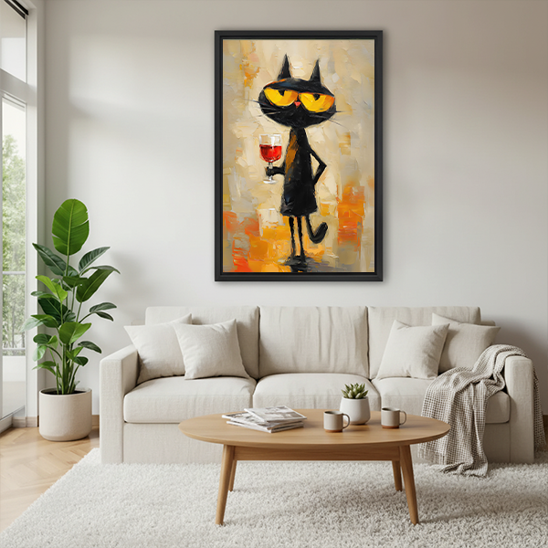 Woman holding framed black cat cocktail canvas wall art with yellow sunglasses and red wine in a bright room
