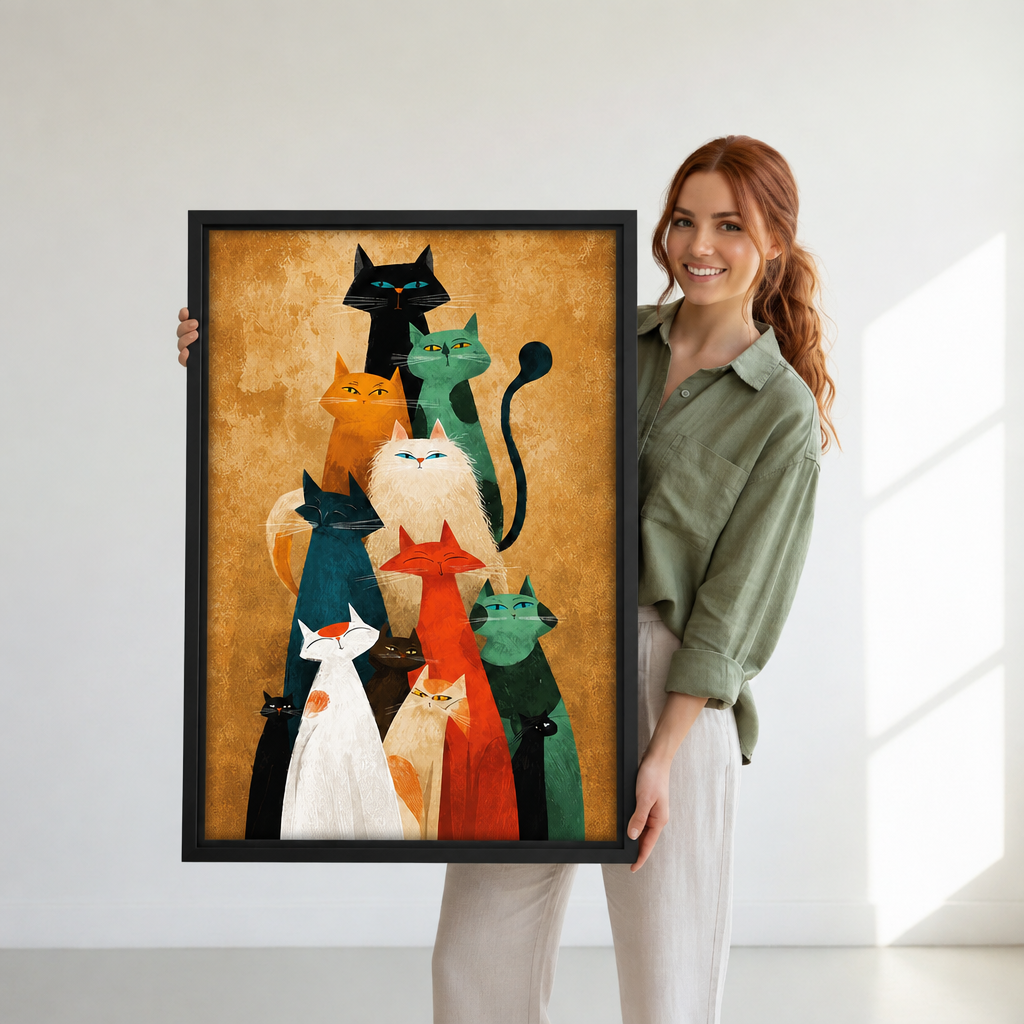 A woman holds framed colorful cat family wall art showing a playful group of multicolored cats.