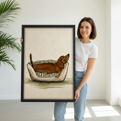 woman holding large dachshund napping in dog bed watercolor framed canvas wall art print