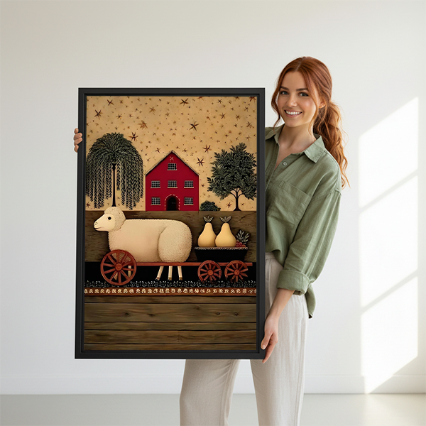 Framed farmhouse sheep canvas wall art displayed above a cream sofa in a bright modern living room