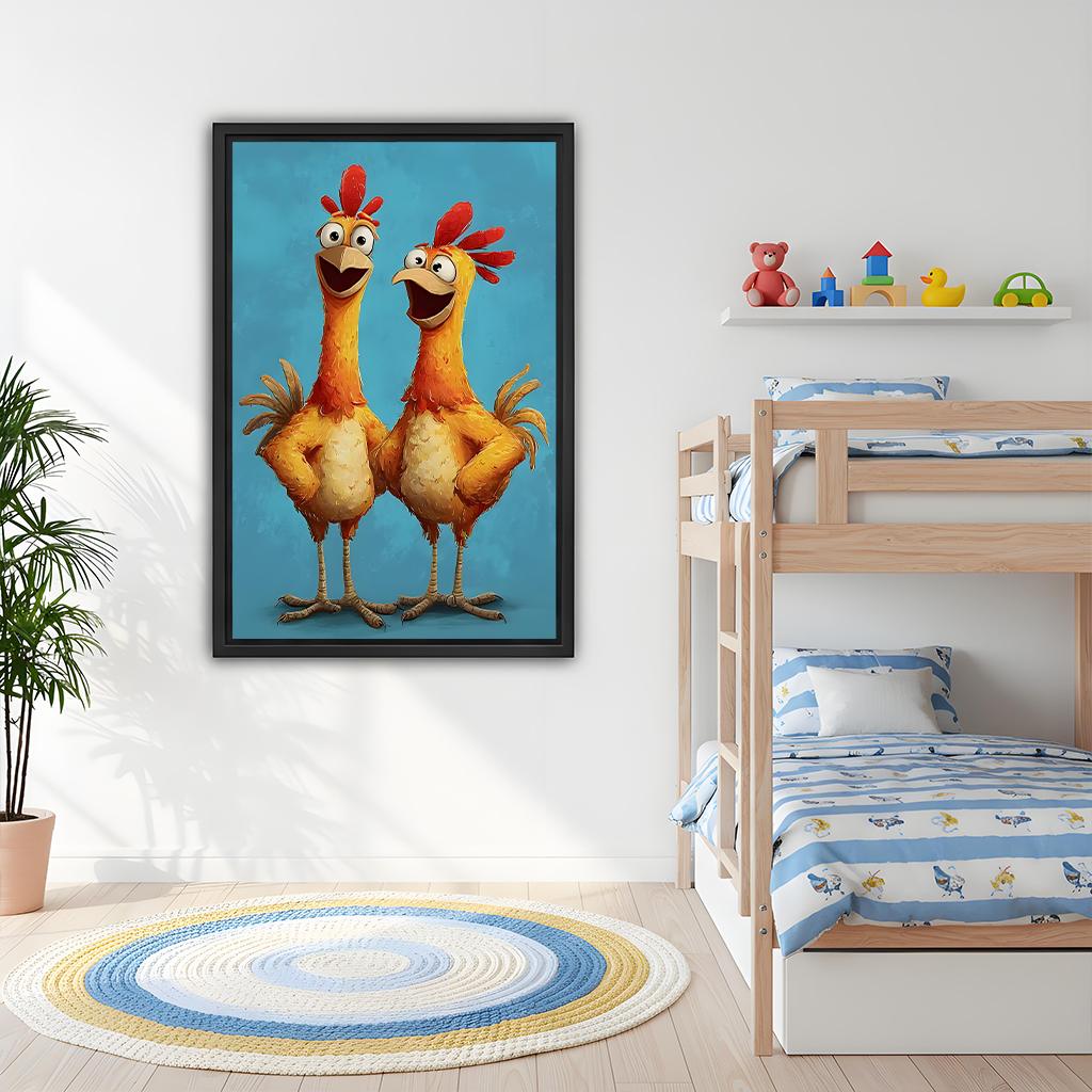 Woman holding framed chicken duo canvas wall art featuring two playful cartoon chickens standing together.
