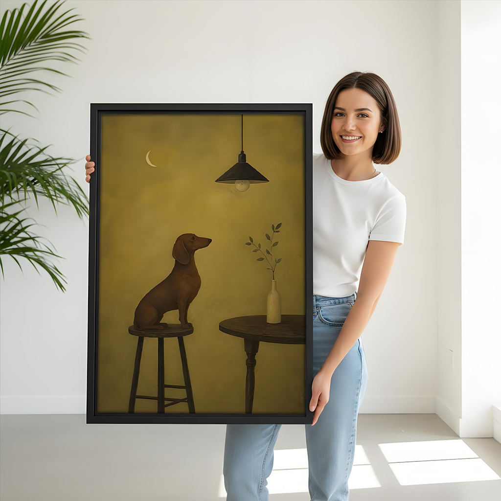 Woman holding framed minimalist dachshund canvas wall art featuring a dog on a stool beside a lamp and moon.