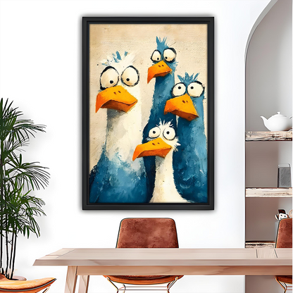 Woman holding framed whimsical bird quartet canvas wall art featuring four wide-eyed painted birds.