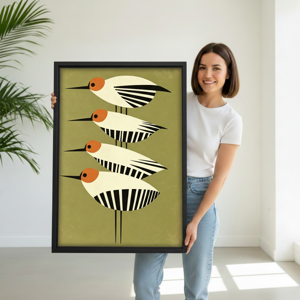 woman holding large mid-century modern geometric bird framed canvas wall art print