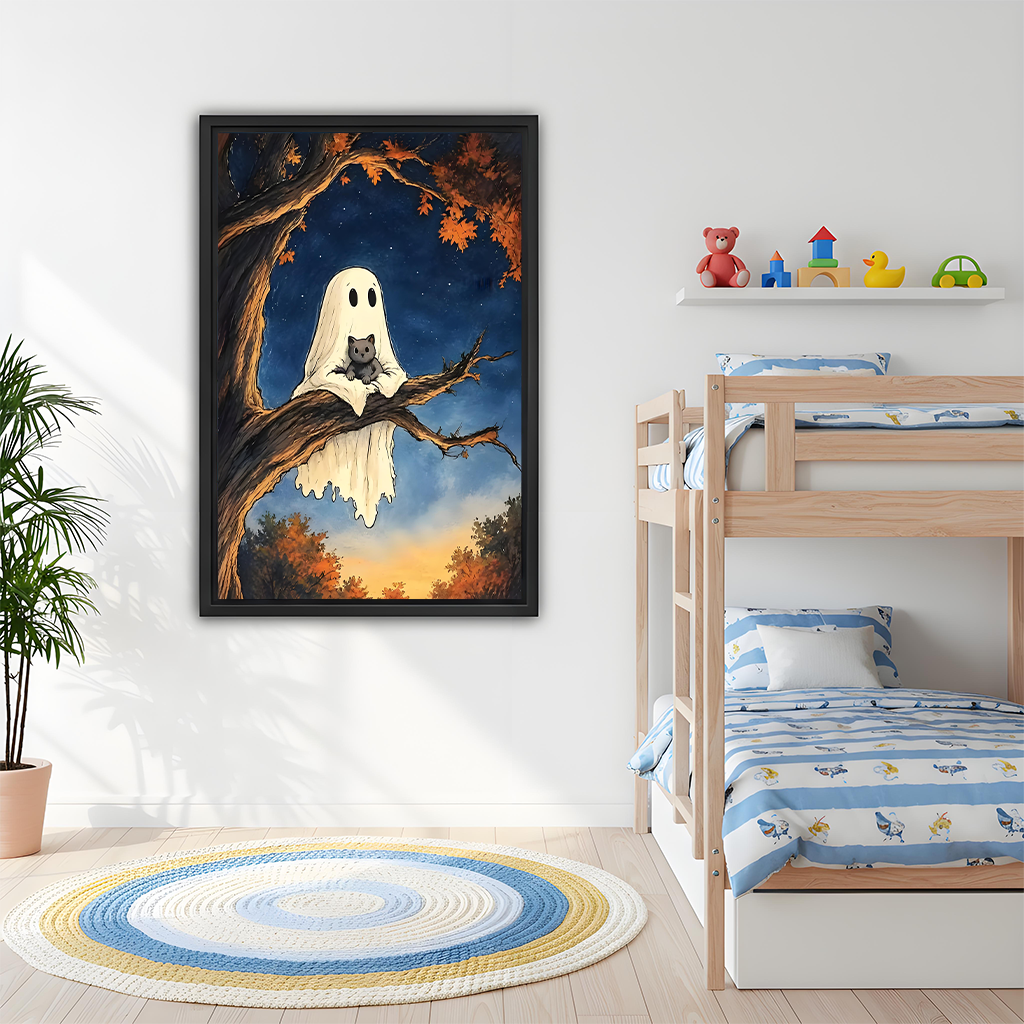 Woman holding framed ghost cat canvas wall art with a starry blue forest background