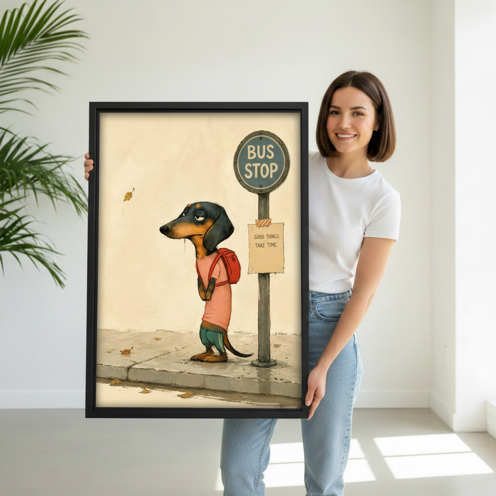 woman holding good things take time dachshund bus stop framed canvas wall art print