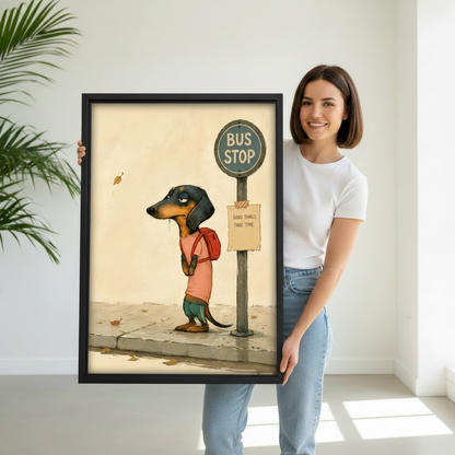 woman holding good things take time dachshund bus stop framed canvas wall art print