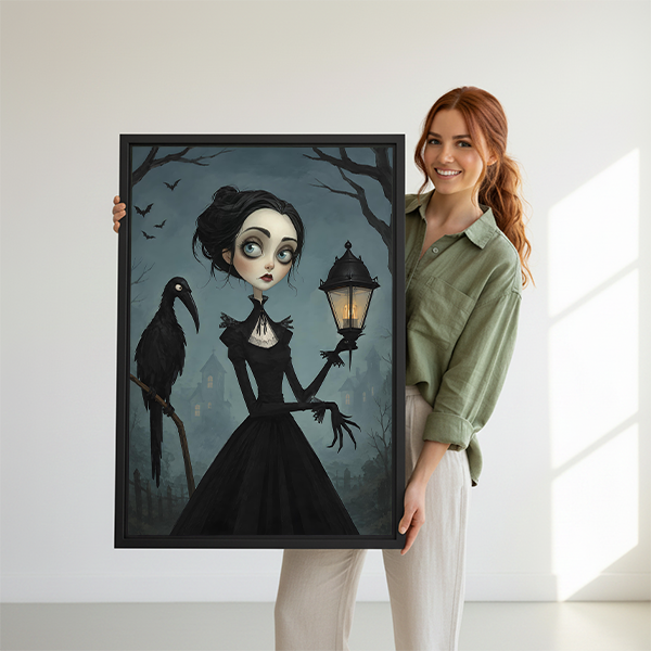 Framed gothic raven Halloween canvas wall art with a glowing lantern displayed between plants in a bright room