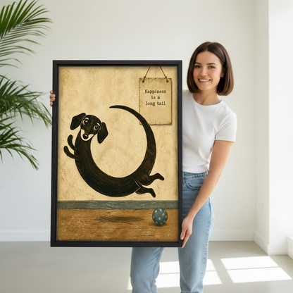 woman holding large happiness is a long tail dachshund folk art framed canvas wall art print